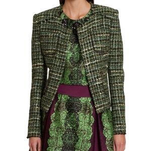 Marissa Webb Green Brown Gold Metallic Tweed Jacket Leather Trim *EUC* Sz 8